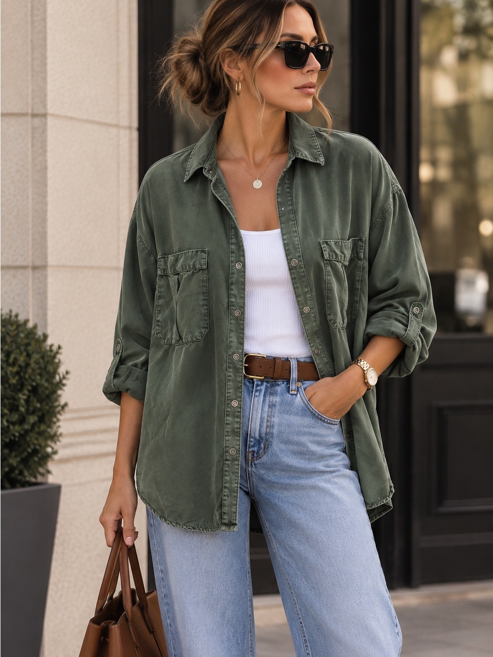 Zara Basic Olive Green Tencel Utility Oversized Button Up Shirt Jacket M